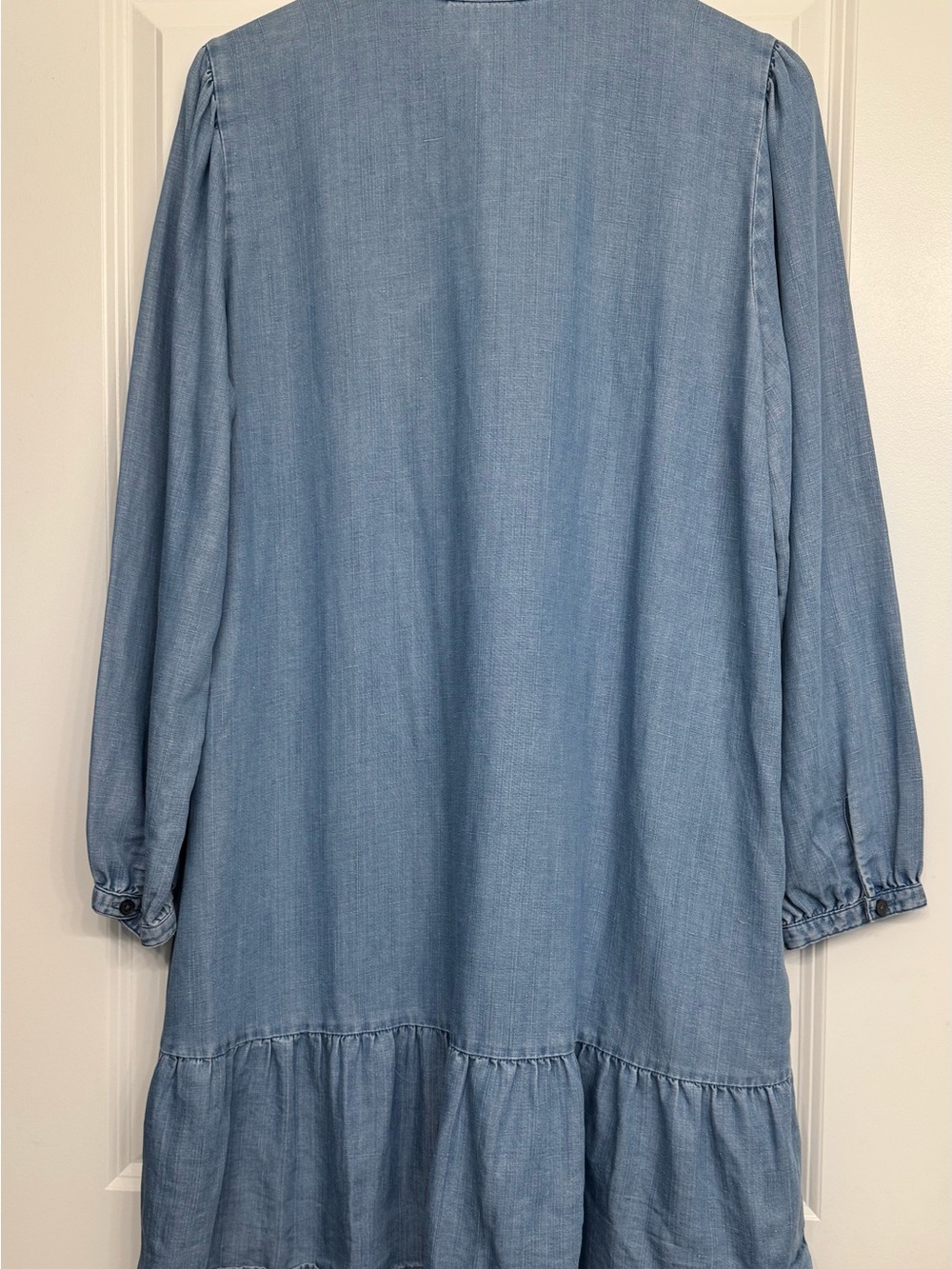 Light Wash Denim Tunic Dress with Ruffle Placket - Picture 3 of 6